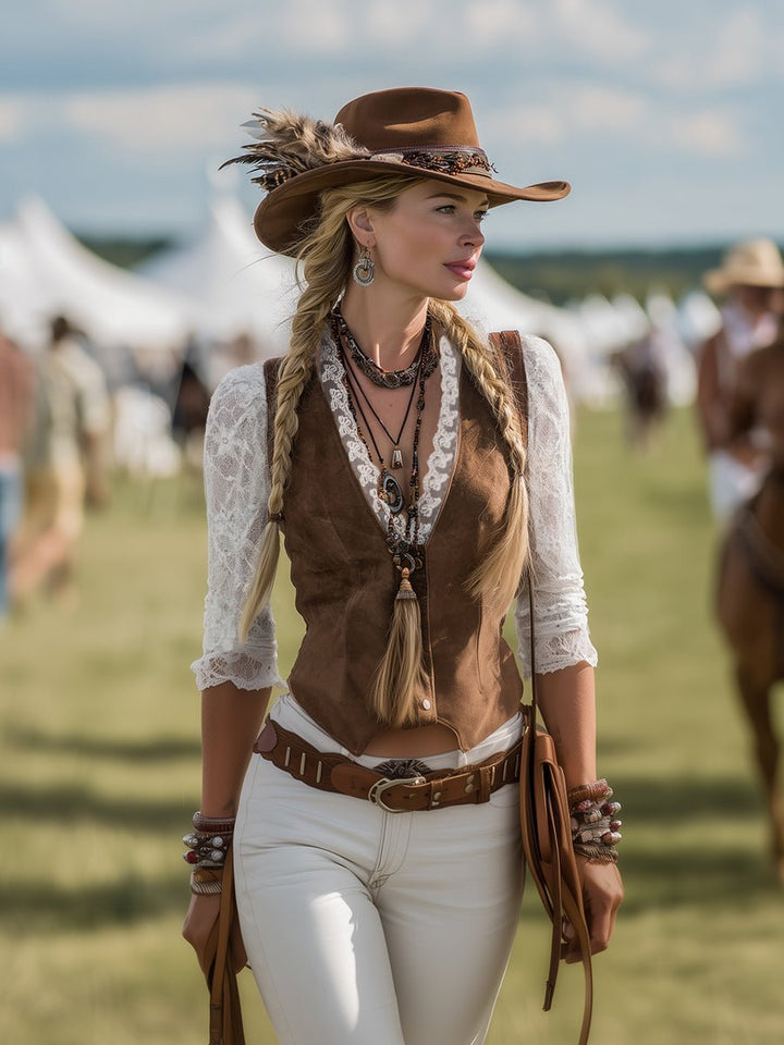 Laura | Damens Fitted Western Bluse med Blondeermer, Dyp V-Hals, Trykknapper