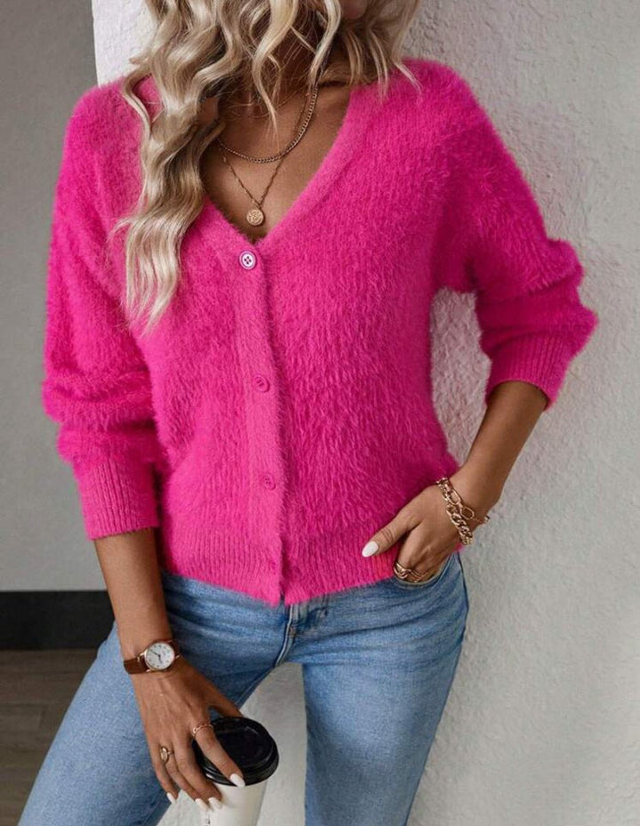 Anna | Dame Fluffy V-hals Cardigan med Knapper Myk Strikk