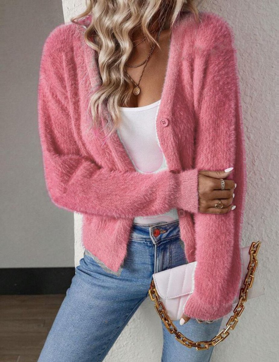 Anna | Dame Fluffy V-hals Cardigan med Knapper Myk Strikk