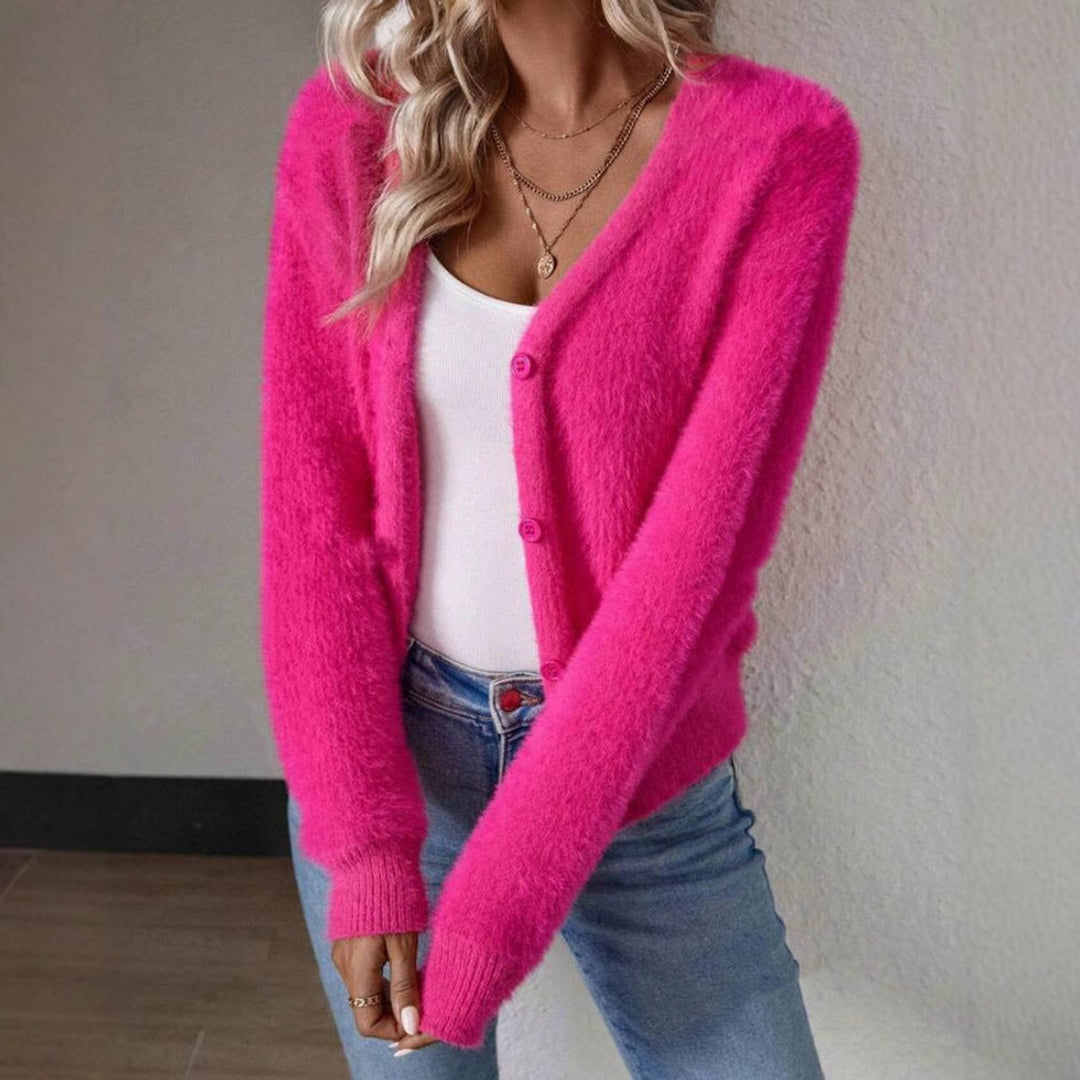 Anna | Dame Fluffy V-hals Cardigan med Knapper Myk Strikk