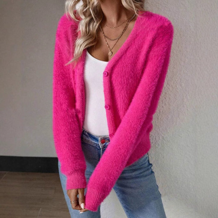 Anna | Dame Fluffy V-hals Cardigan med Knapper Myk Strikk