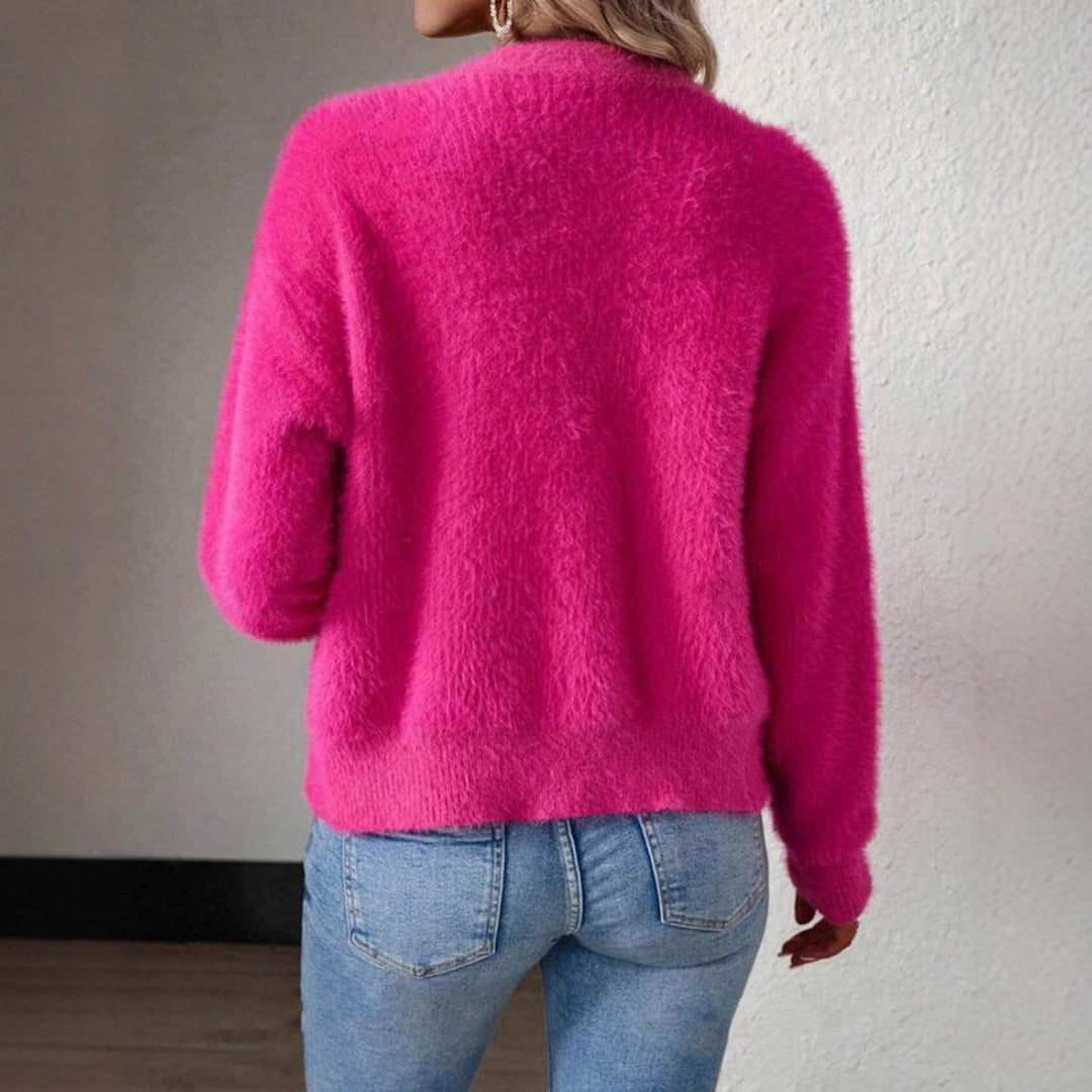 Anna | Dame Fluffy V-hals Cardigan med Knapper Myk Strikk