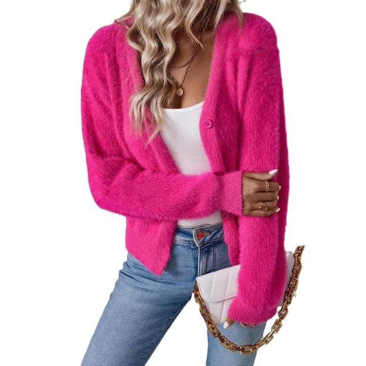 Anna | Dame Fluffy V-hals Cardigan med Knapper Myk Strikk