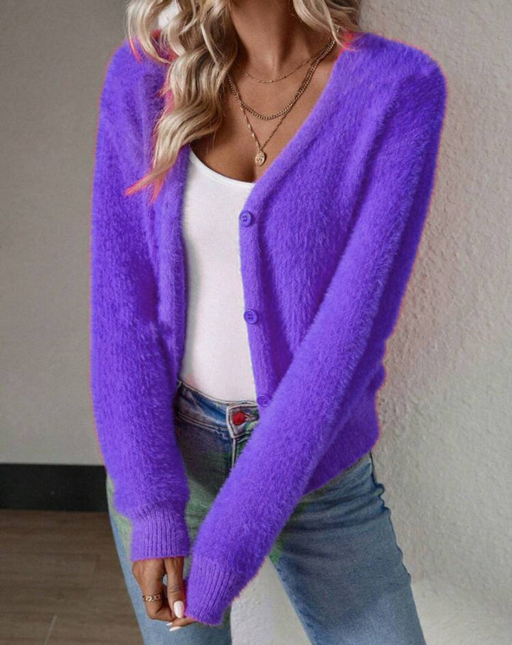 Anna | Dame Fluffy V-hals Cardigan med Knapper Myk Strikk