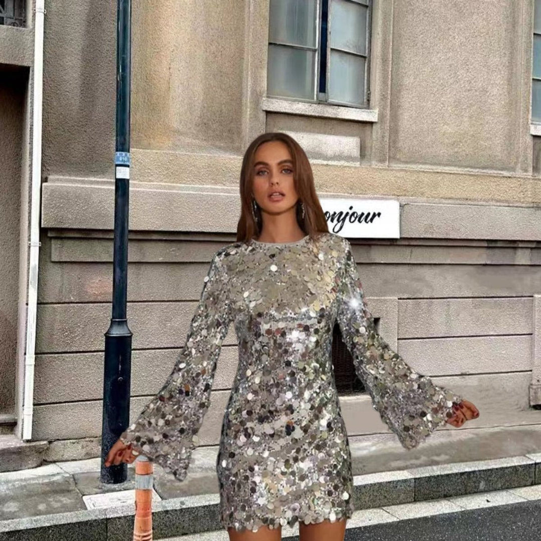 Ella | Skinnende Paljettkjole Cocktailkjole med Lange Ermer