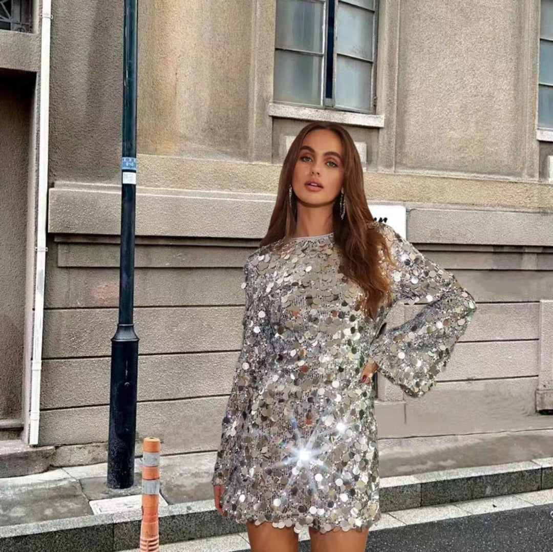 Ella | Skinnende Paljettkjole Cocktailkjole med Lange Ermer