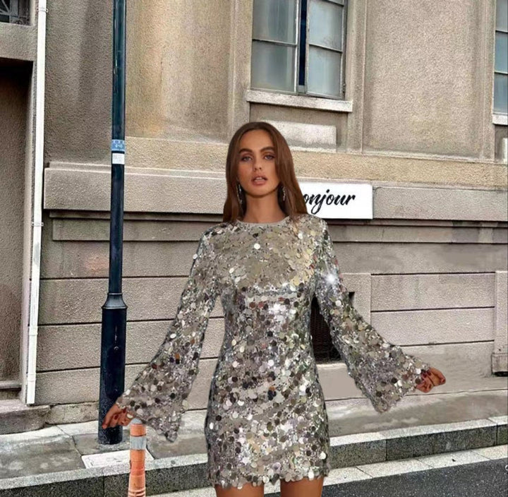 Ella | Skinnende Paljettkjole Cocktailkjole med Lange Ermer