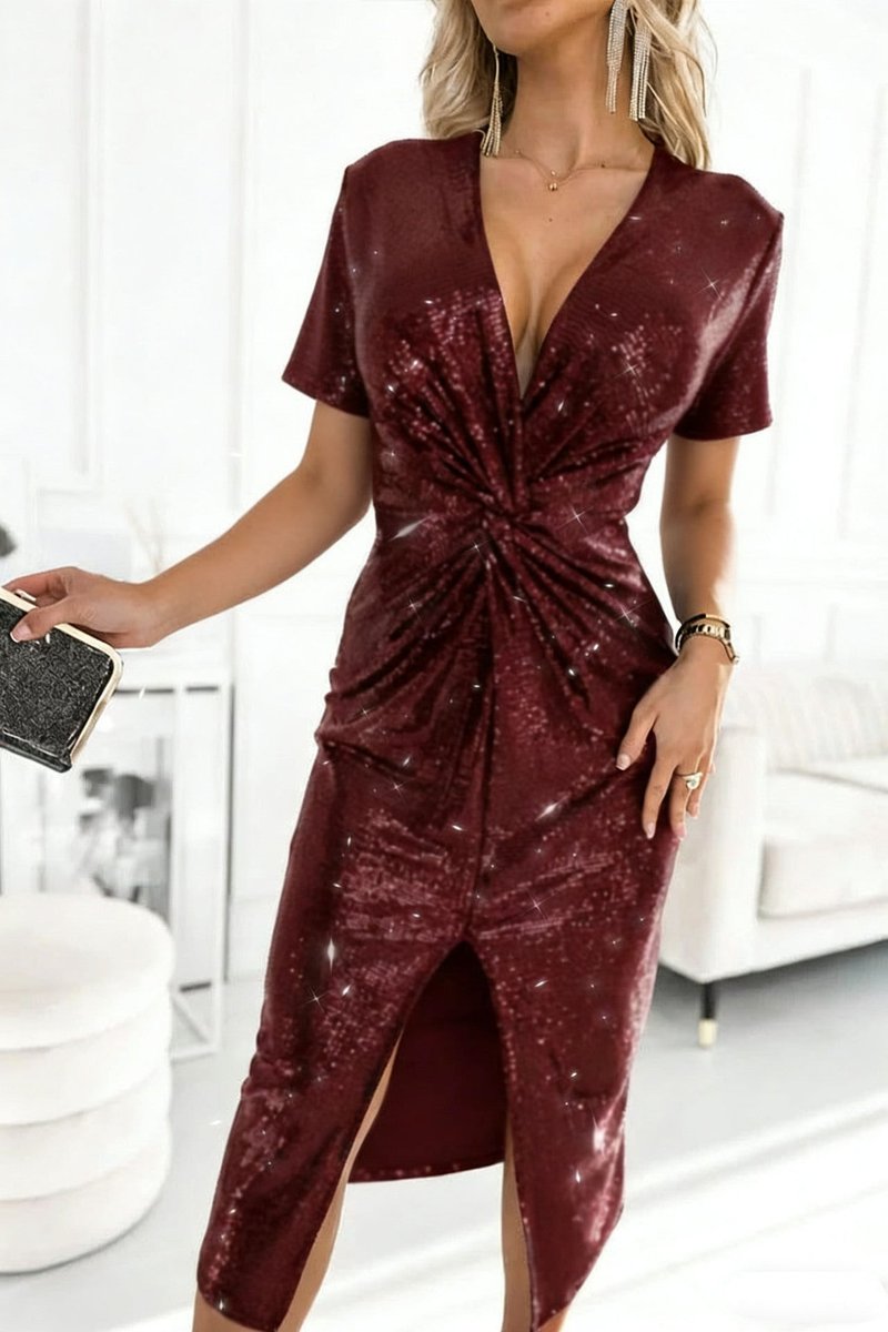 Alma | Kvinne Shimmering Sequin Cocktailkjole Dyp V-hals Wrap Slit