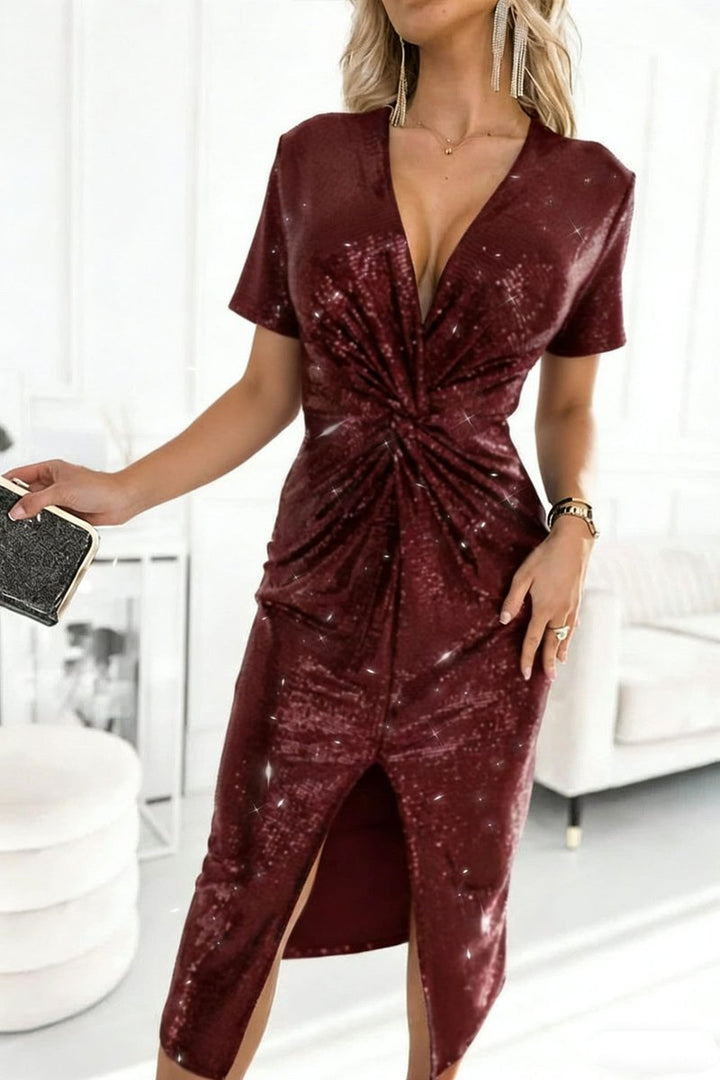 Alma | Kvinne Shimmering Sequin Cocktailkjole Dyp V-hals Wrap Slit