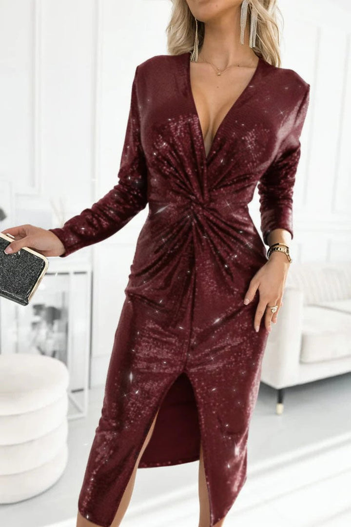Alma | Kvinne Shimmering Sequin Cocktailkjole Dyp V-hals Wrap Slit