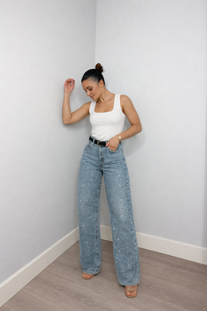 Isabella | Kvinne Høy Midje Rett Ben Glitrende Denim Jeans