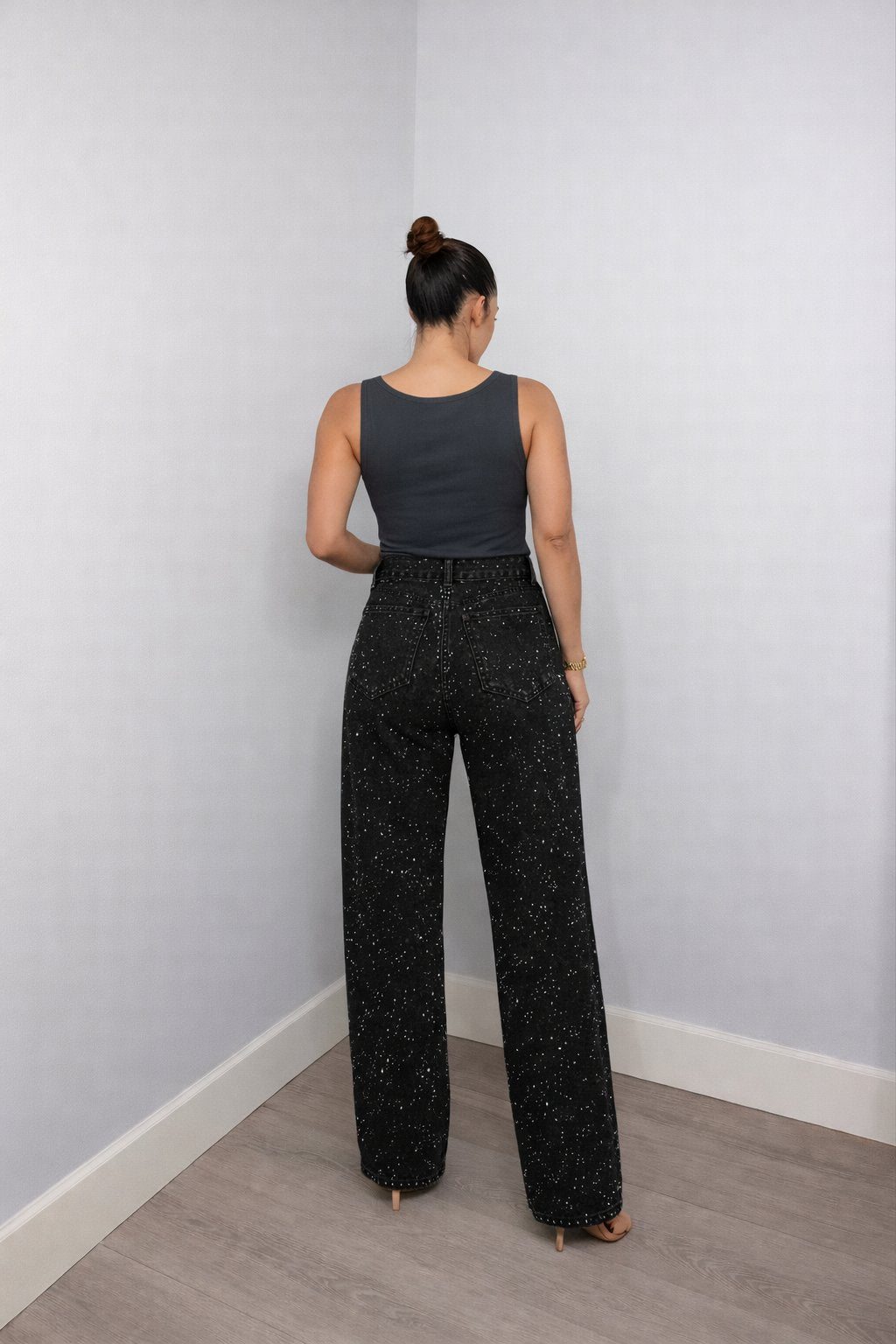 Isabella | Kvinne Høy Midje Rett Ben Glitrende Denim Jeans