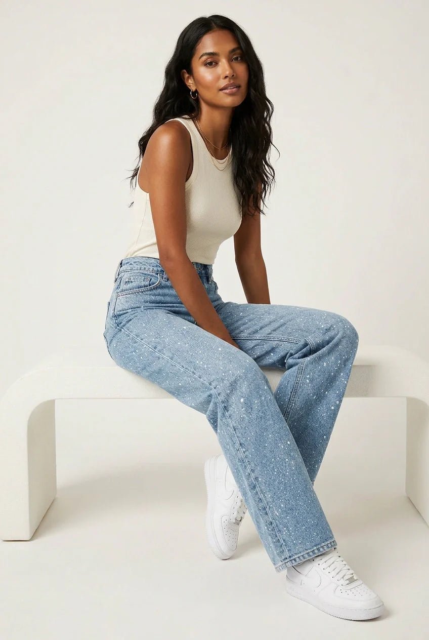 Isabella | Kvinne Høy Midje Rett Ben Glitrende Denim Jeans