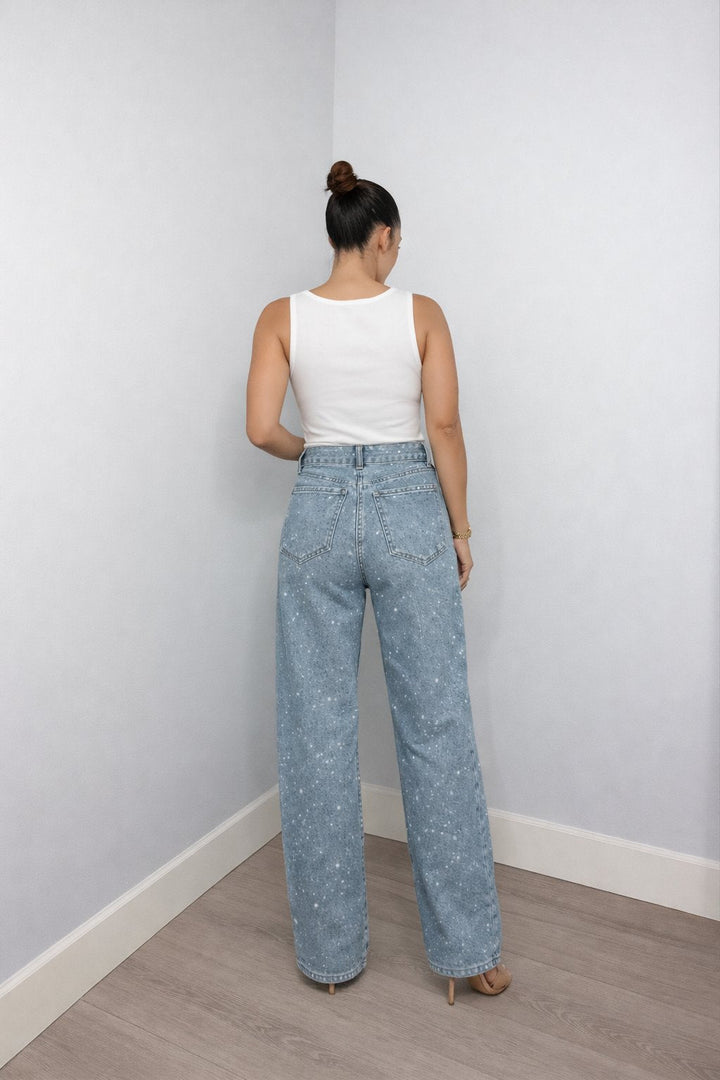Isabella | Kvinne Høy Midje Rett Ben Glitrende Denim Jeans