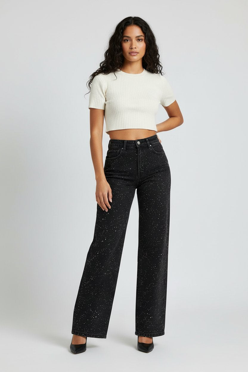 Isabella | Kvinne Høy Midje Rett Ben Glitrende Denim Jeans