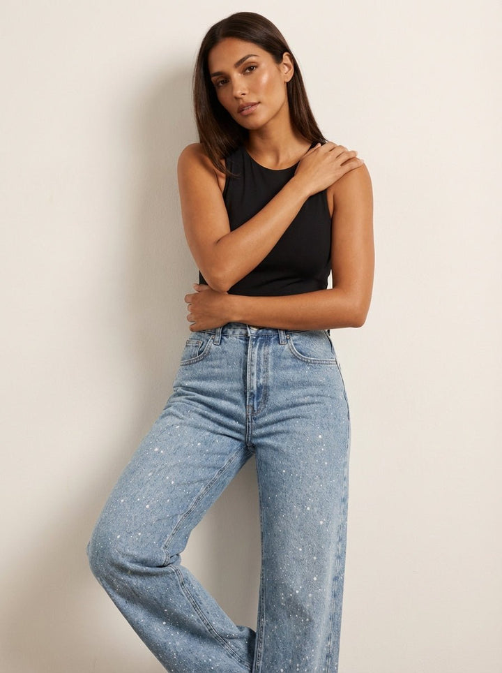 Isabella | Kvinne Høy Midje Rett Ben Glitrende Denim Jeans