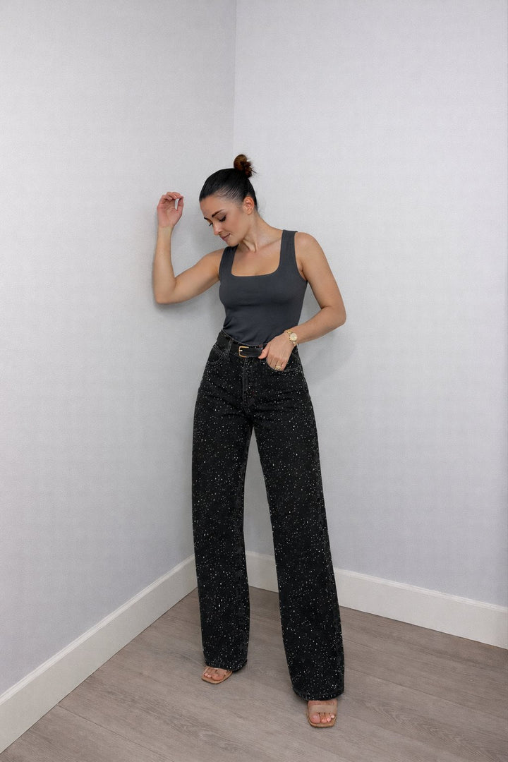 Isabella | Kvinne Høy Midje Rett Ben Glitrende Denim Jeans