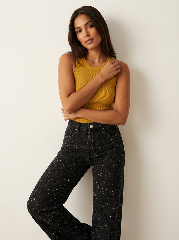 Isabella | Kvinne Høy Midje Rett Ben Glitrende Denim Jeans