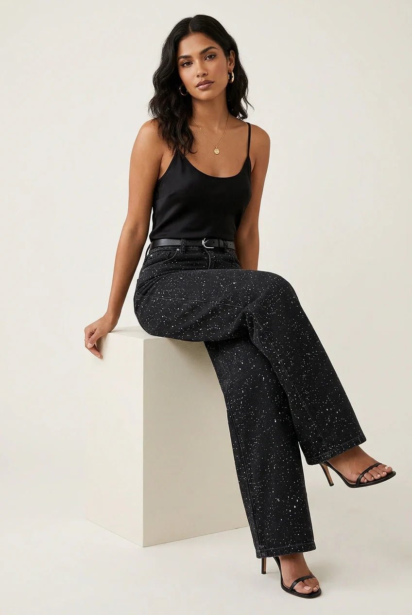 Isabella | Kvinne Høy Midje Rett Ben Glitrende Denim Jeans