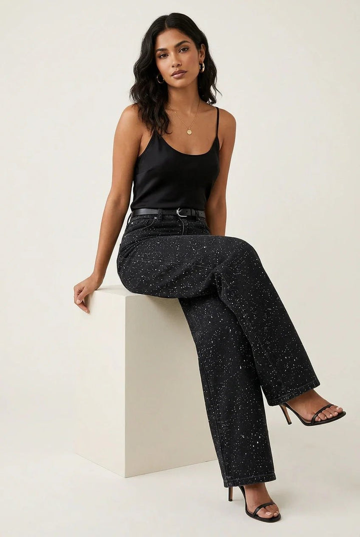 Isabella | Kvinne Høy Midje Rett Ben Glitrende Denim Jeans