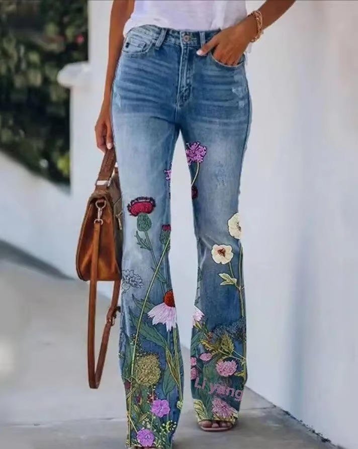 Astrid | Kvinne Høytlivs Blomstrete Flare Jeans