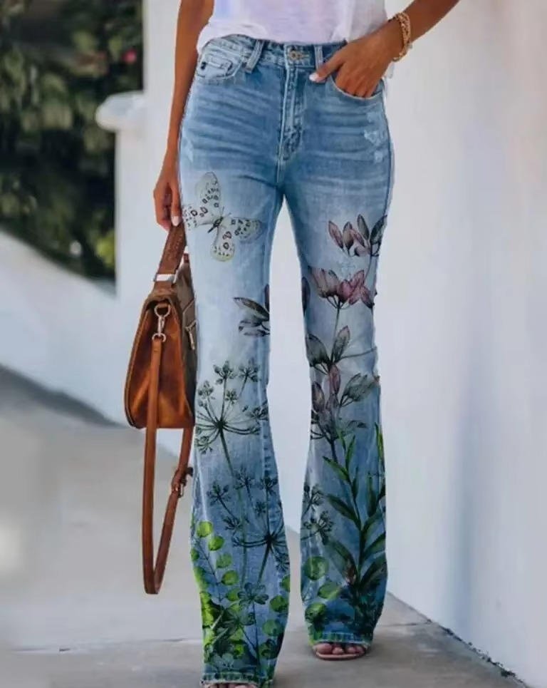 Astrid | Kvinne Høytlivs Blomstrete Flare Jeans