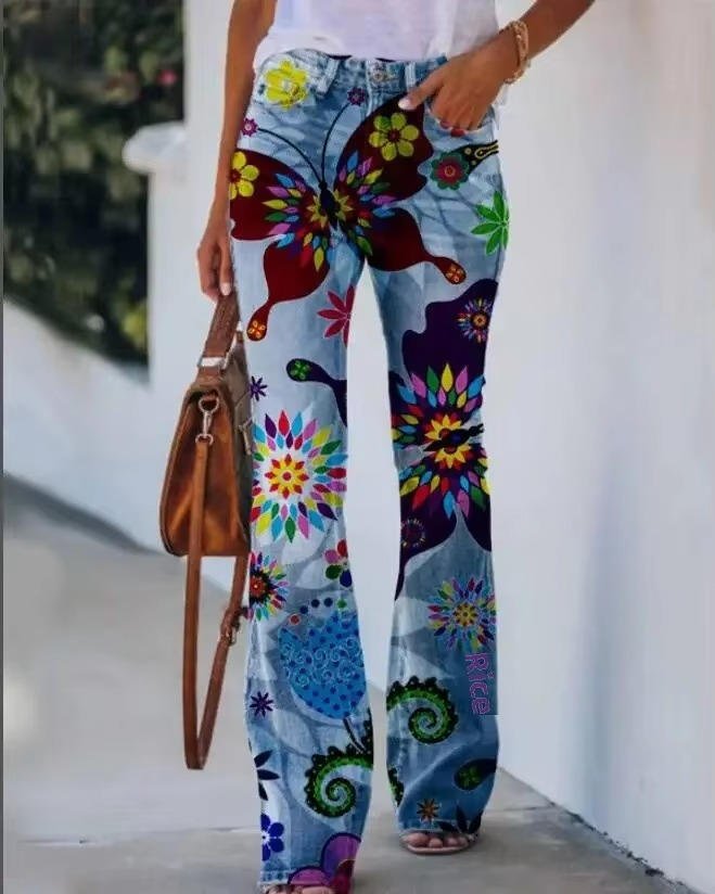 Astrid | Kvinne Høytlivs Blomstrete Flare Jeans