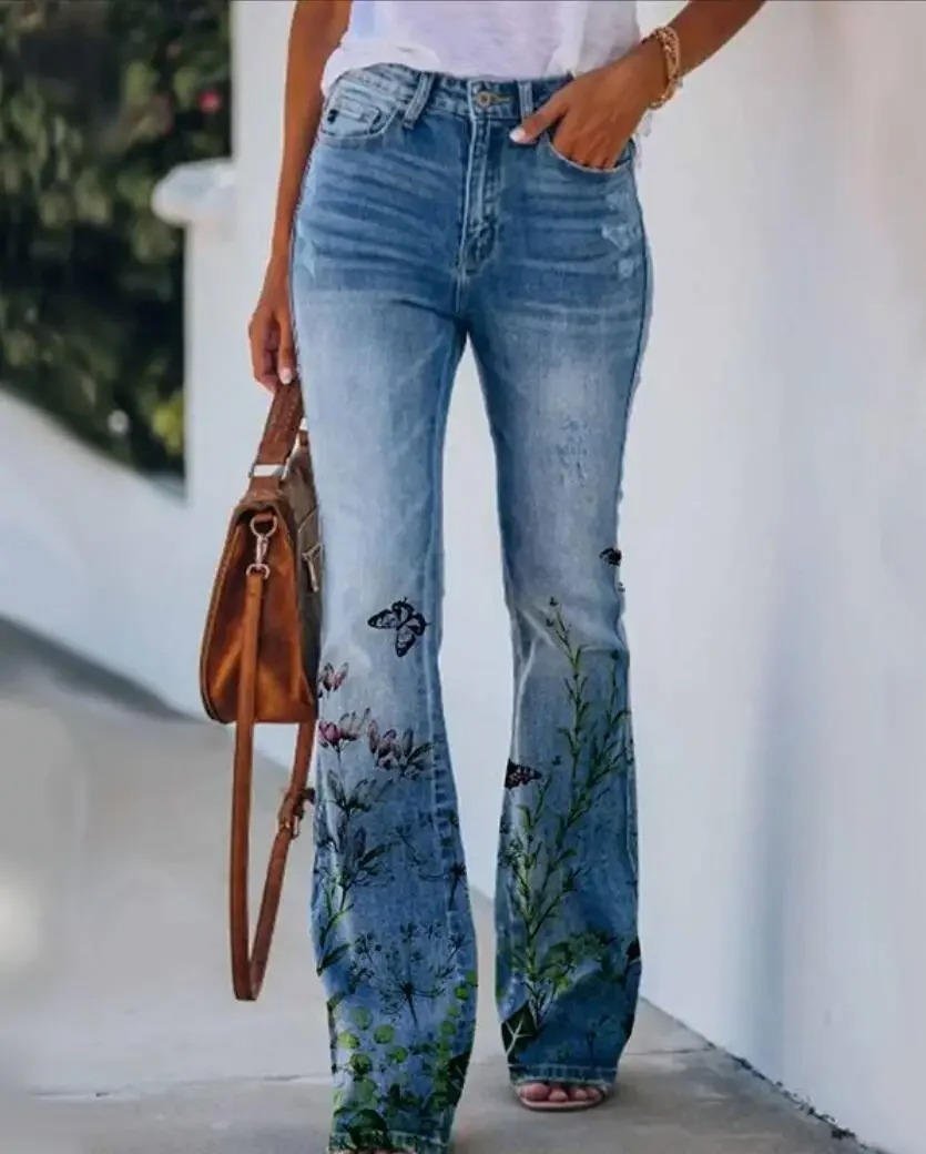 Astrid | Kvinne Høytlivs Blomstrete Flare Jeans