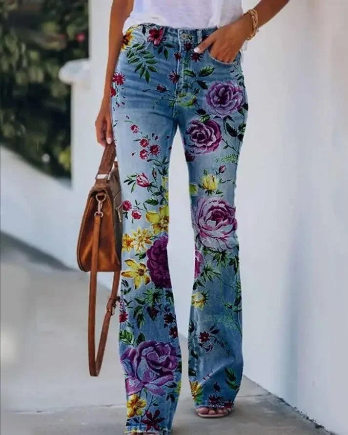 Astrid | Kvinne Høytlivs Blomstrete Flare Jeans