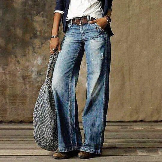 Isabella | Kvinne Høy Midje Bred Beina Retro Jeans Bomull Elastan