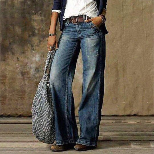 Isabella | Kvinne Høy Midje Bred Beina Retro Jeans Bomull Elastan