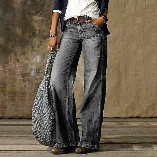 Isabella | Kvinne Høy Midje Bred Beina Retro Jeans Bomull Elastan