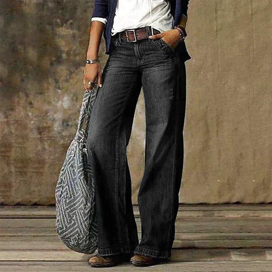 Isabella | Kvinne Høy Midje Bred Beina Retro Jeans Bomull Elastan