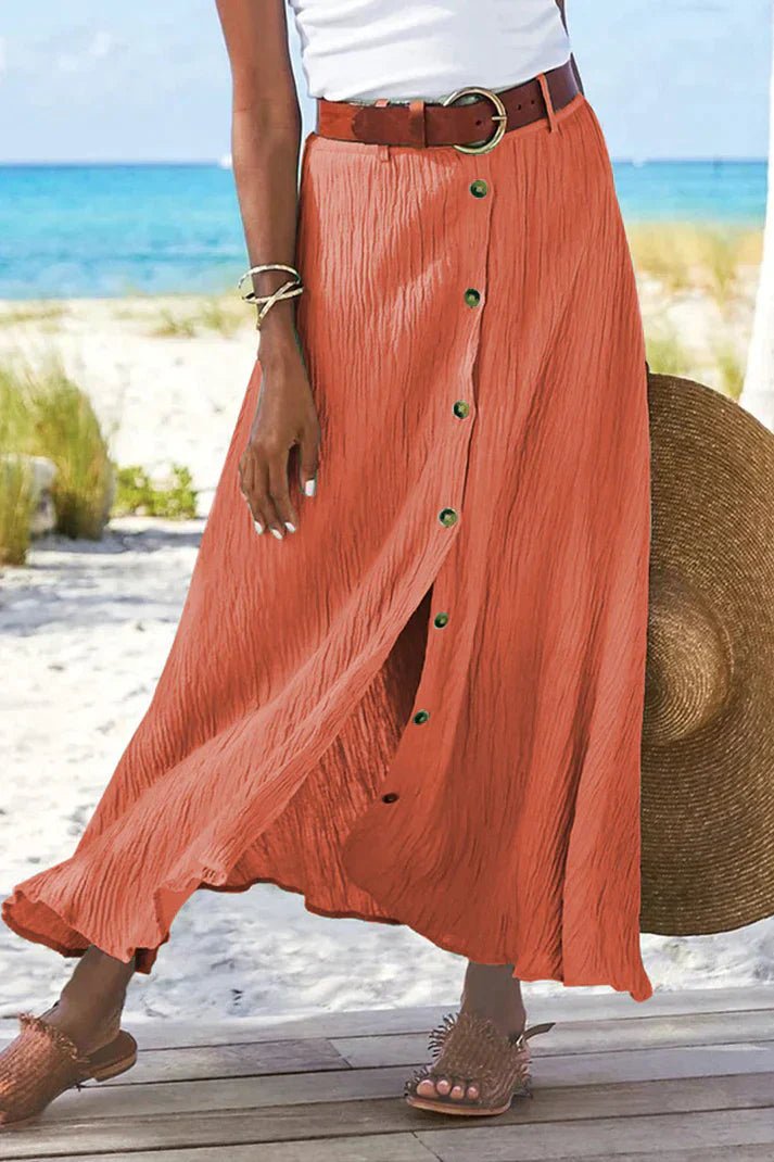 Olivia | Kvinne Høy Midje Knappe-Front Maxi Skjørt Lin-Look