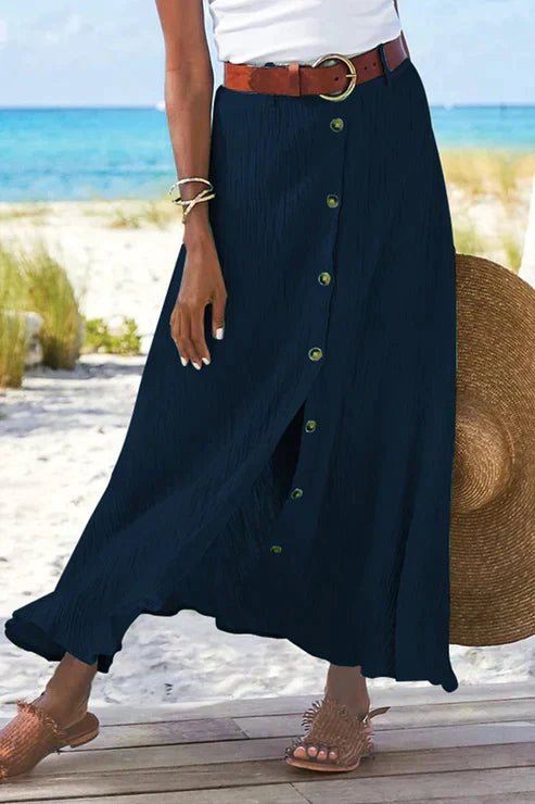 Olivia | Kvinne Høy Midje Knappe-Front Maxi Skjørt Lin-Look