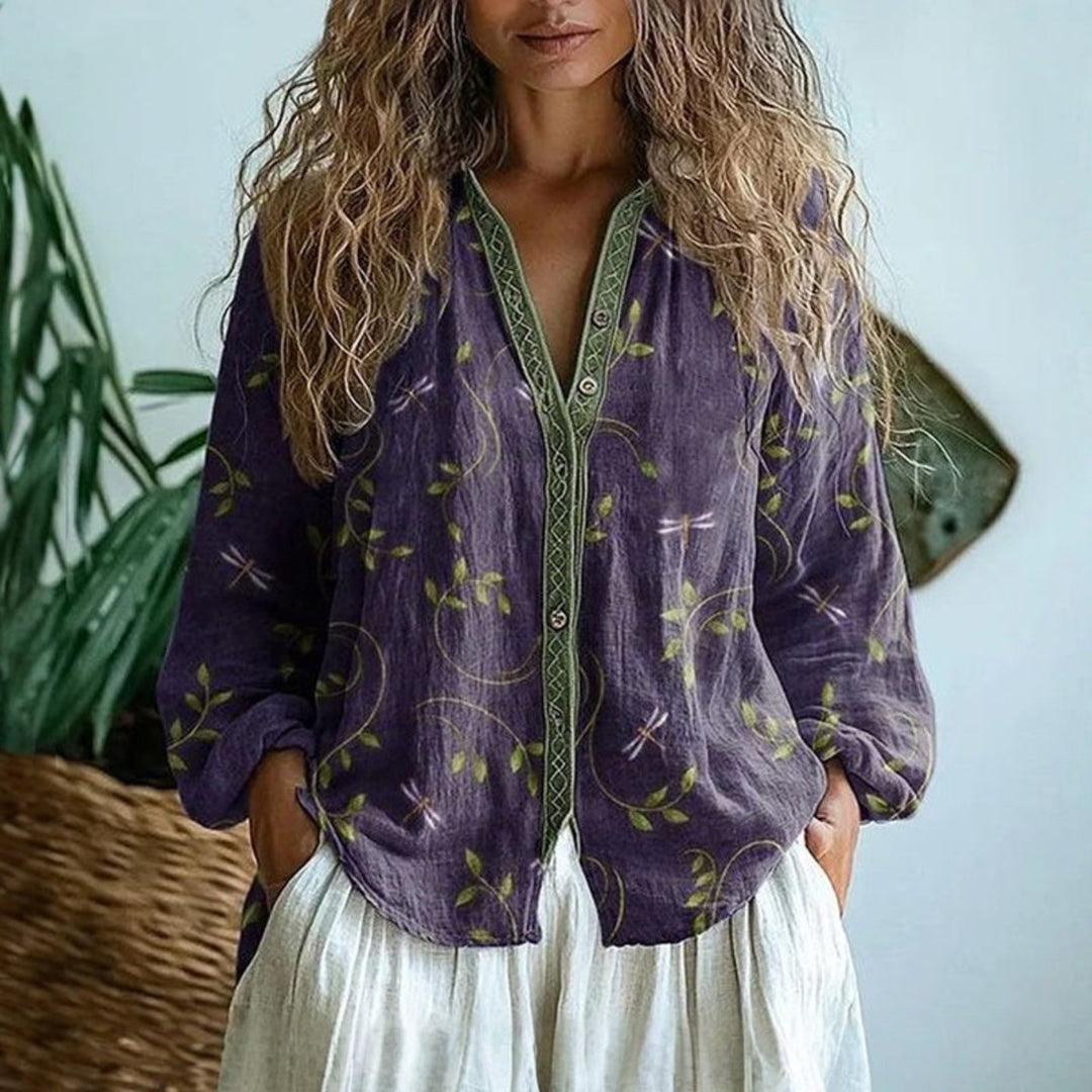 Anna | Kvinne Linstoff Bluse Langermet V-Hals Blomstertrykk Knapplukking