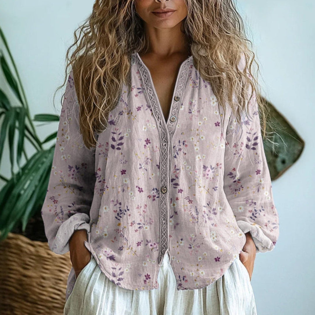 Anna | Kvinne Linstoff Bluse Langermet V-Hals Blomstertrykk Knapplukking