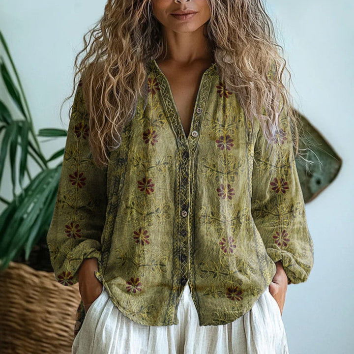 Anna | Kvinne Linstoff Bluse Langermet V-Hals Blomstertrykk Knapplukking