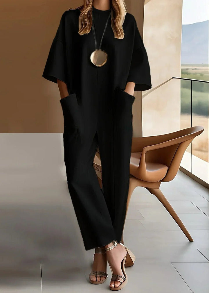 Astrid | Kvinners Hvite Korte Ermer Bredbein Jumpsuit Crew Neck