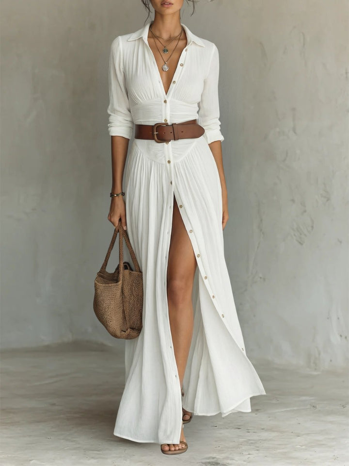 Nora | Kvinne Hvit Skjortekjole Lang Maxi Boho Stil