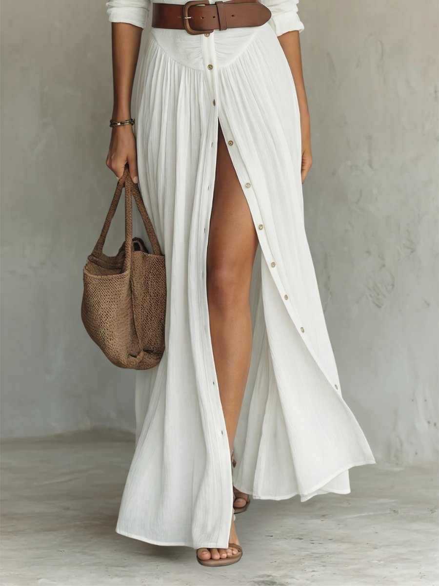 Nora | Kvinne Hvit Skjortekjole Lang Maxi Boho Stil