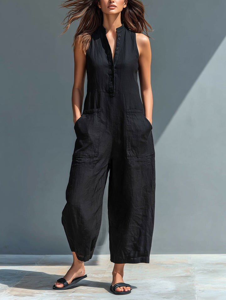 Laura | Dame Jumpsuit Lin Blandingen Uten Ermer Løs Passform
