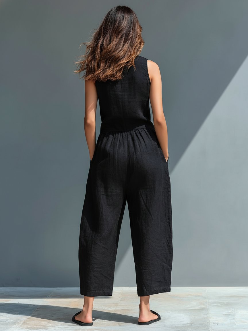 Laura | Dame Jumpsuit Lin Blandingen Uten Ermer Løs Passform