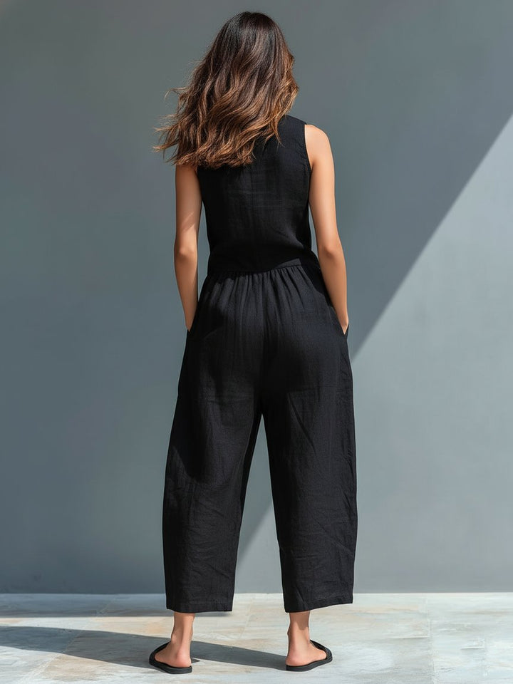 Laura | Dame Jumpsuit Lin Blandingen Uten Ermer Løs Passform