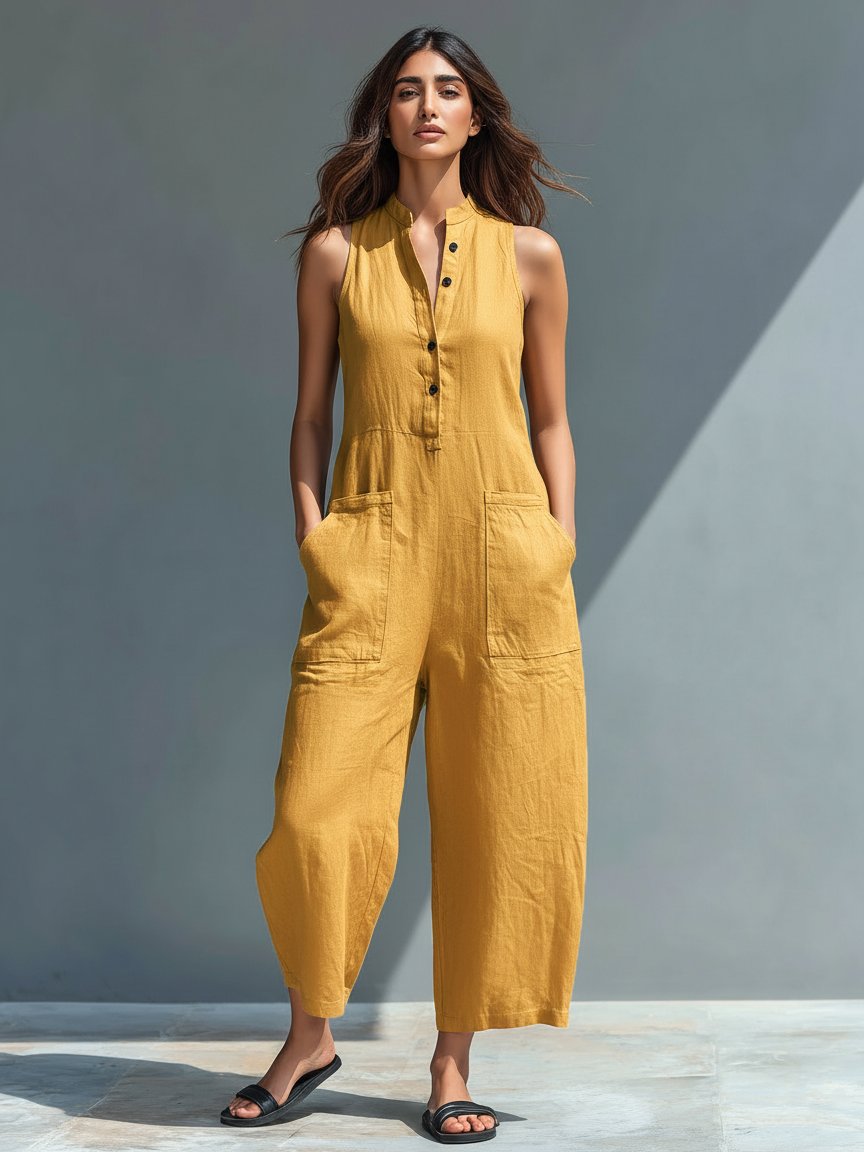 Laura | Dame Jumpsuit Lin Blandingen Uten Ermer Løs Passform