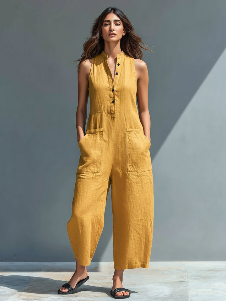 Laura | Dame Jumpsuit Lin Blandingen Uten Ermer Løs Passform