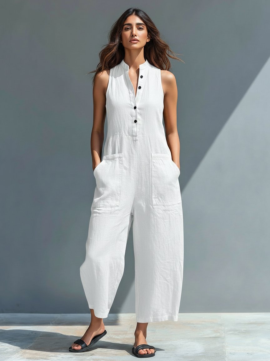 Laura | Dame Jumpsuit Lin Blandingen Uten Ermer Løs Passform