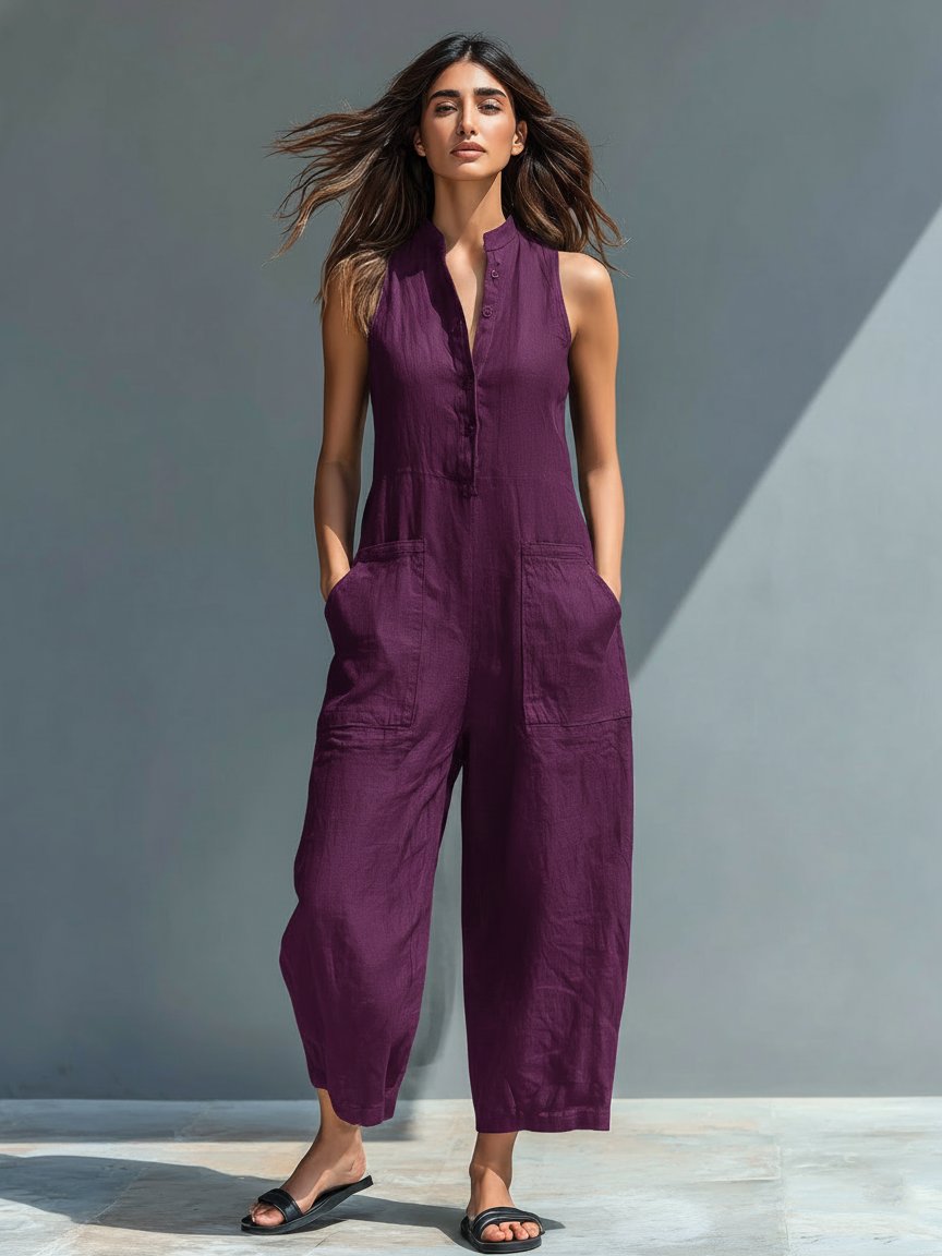 Laura | Dame Jumpsuit Lin Blandingen Uten Ermer Løs Passform
