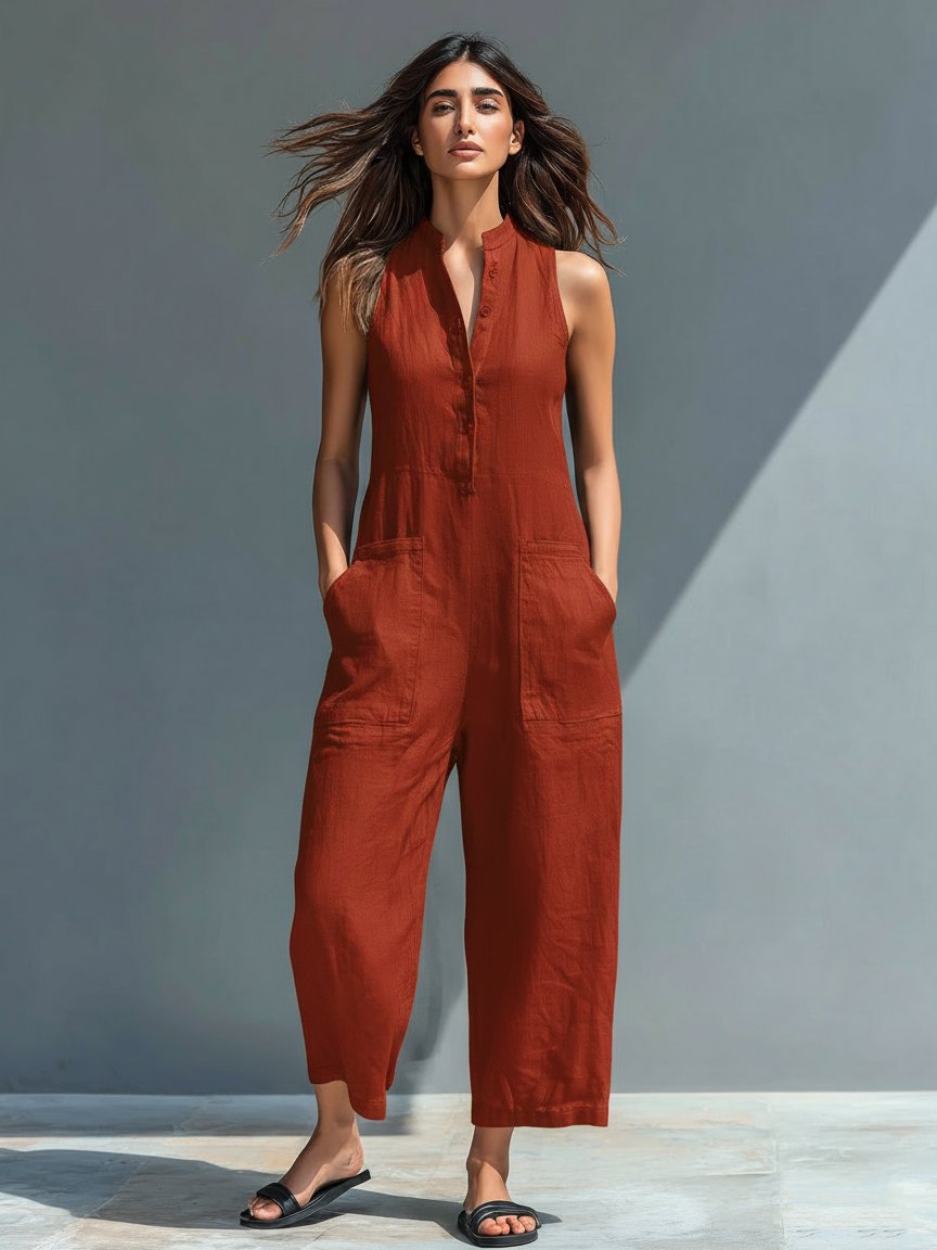 Laura | Dame Jumpsuit Lin Blandingen Uten Ermer Løs Passform