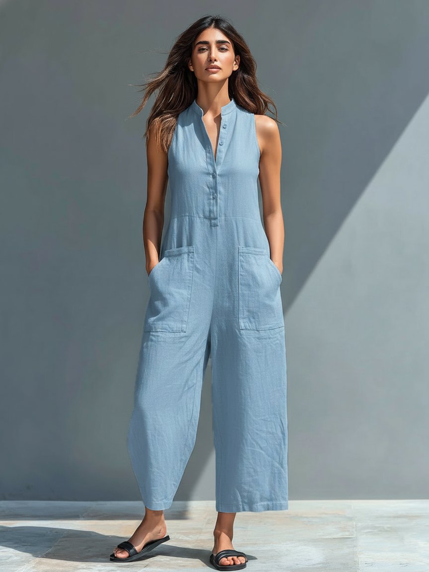 Laura | Dame Jumpsuit Lin Blandingen Uten Ermer Løs Passform